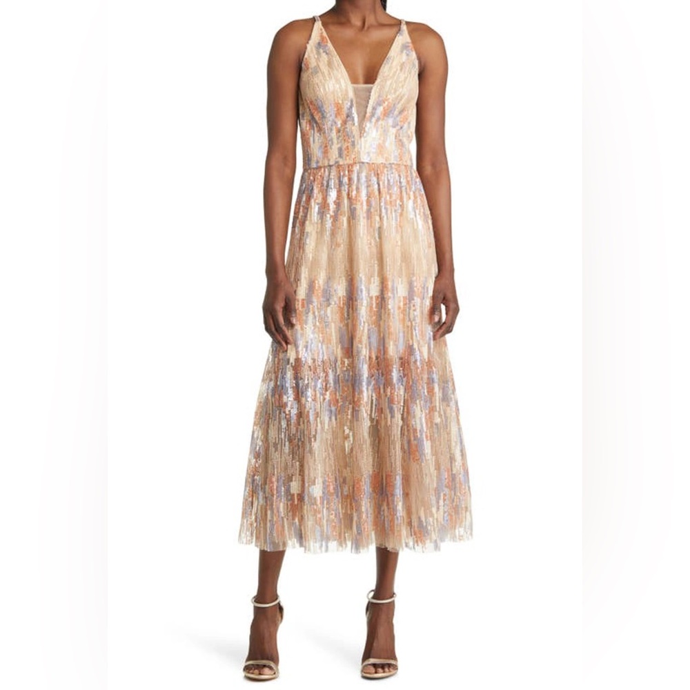 Dress the Population Gold Midi Dress with Iridescent Accents